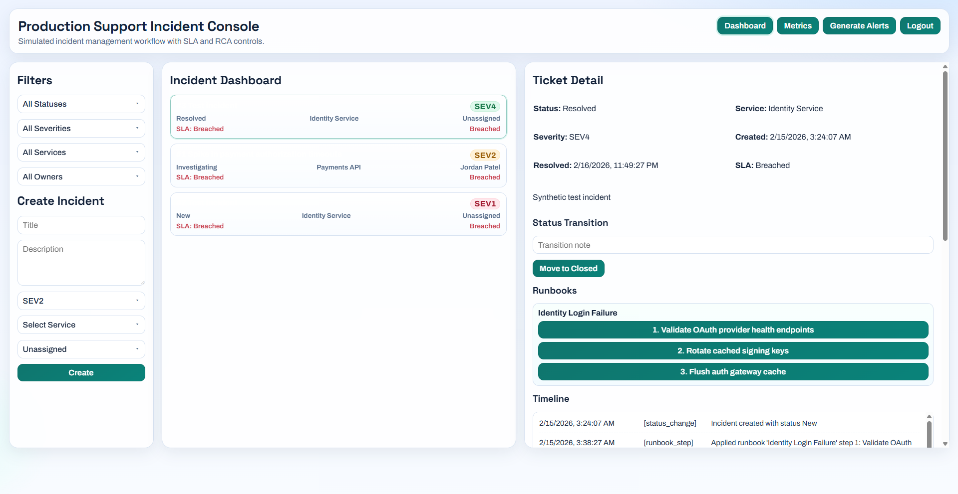 Production Support Incident Console screenshot